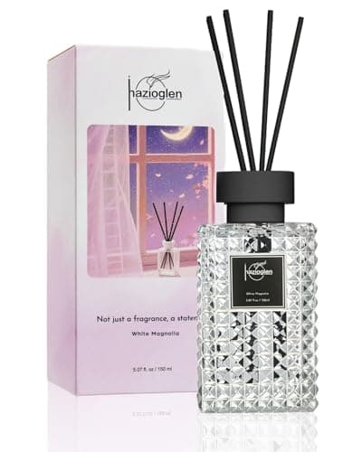 Hazioglen Reed Diffuser Set, White Magnolia Scented Home Fragrance Air Freshener for Bathroom Shelf Decor, 5.07 fl oz/150ml Essential Oil with Sticks