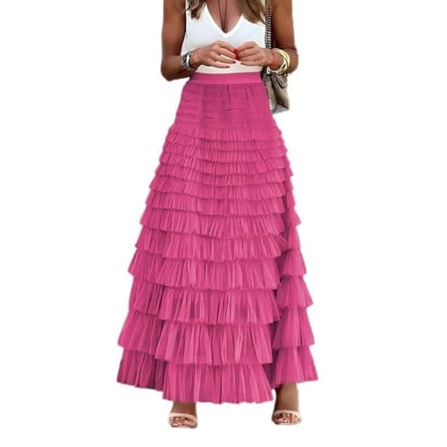 Mincib Womens Long Tulle Skirt A Line Ruffle Tiered Layered Skirts High Waisted Flowy Fairy Maxi Skirts Valentine's Day Gifts Outfit(Hot Pink,M) - Image 1