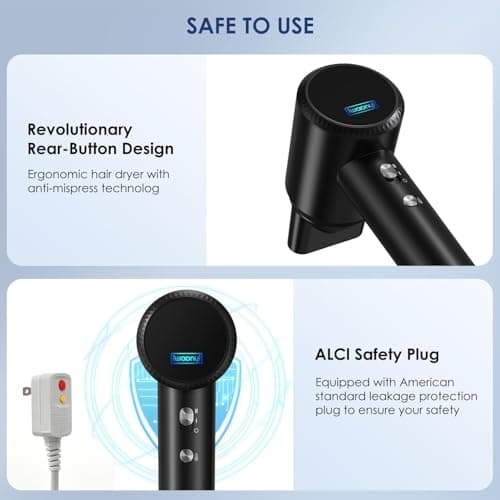 Hair Dryer - 150000 RPM High-Speed Blow Dryer with Negative Ionic Care for Fast Drying. Lightweight, Low Noise Design with 4 Temps/2 Speeds and Magnetic Nozzle (Black) - Thumbnail 6