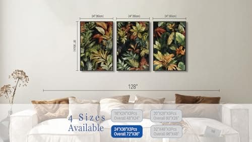 Large Framed Tropical Botanical Wall Art, Jungle Leaf Green Palm Leaf Painting Canvas Prints, Tropical Plant Artwork for Living Room Bedroom Hallway Office Home Decor 24"x36"x3Pcs - Thumbnail 6