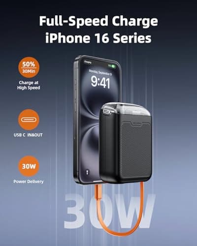 Innostyle Two-Way Charging Power Bank, Built-in Retractable Cables, Dual Device Charging, Travel Essential Phone Power Bank, Compatible with iPhone 17 Pro Max, Samsung, iPad (Black) - Thumbnail 4