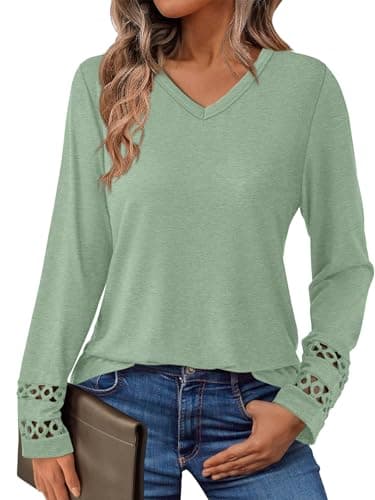 GKBK Women’s Long Sleeve V Neck Tunic Top Casual Dressy Blouse Business Loose Fit Trendy 2025 Fall Outfits Light Green XL - Image 1