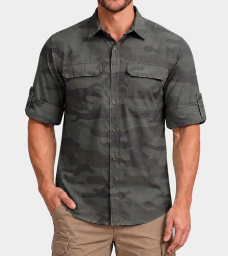Men's Sun Protection Fishing Shirt UPF 50+ Long Sleeve Safari Hiking Travel Shirts with Pockets Quick Dry(Green Camo Medium) - Thumbnail 2