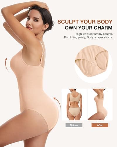 VIISHOW Shapewear for Women Tummy Control Seamless Bodysuit Waist Trainer Body Shaper Thong Underwear, Beige, X-Large - Thumbnail 5