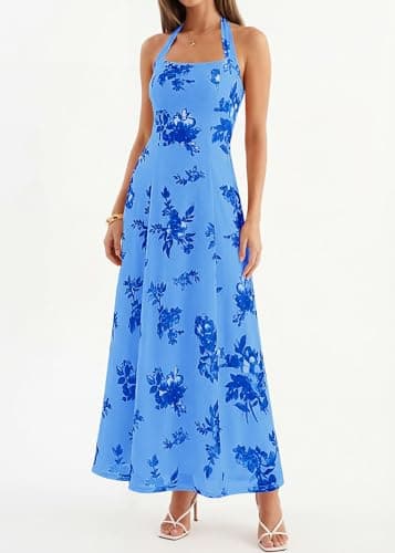 KIRUNDO Women's Summer Sleeveless Halter Floral Maxi Dress 2026 Beach Wedding Guest Cocktail Mesh Flowy A Line Long Sundress(Blue, Large) - Thumbnail 6