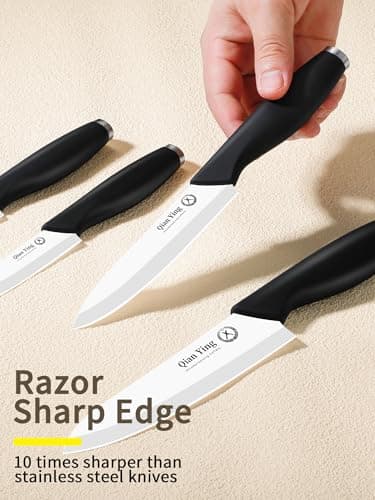 Ceramic Knife Set for Kitchen with Sheath: 100% Zirconia Pure Ceramic Sharp Blade Fruit Cutting Knives 9Pcs with Cover Rustproof Clean Cut Edge Black Handle, No Scratches on Titanium Cutting Boards - Thumbnail 5