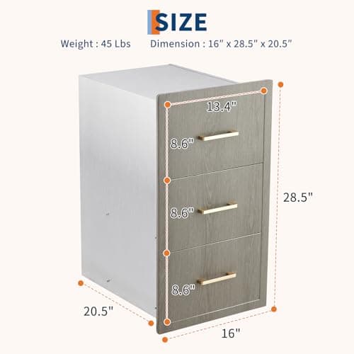 Garvee 16" W x 20.5" D x 28.5" H Stainless Steel Outdoor Kitchen Triple Drawers - Heavy Duty with Handles, Weather-Resistant Flush Mount for BBQ Island, Patio Grill & Outdoor Cooking Space - Thumbnail 3