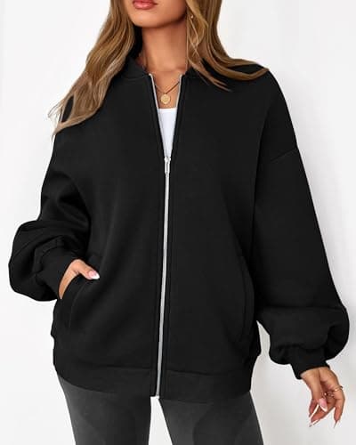 KIRUNDO Oversized Sweatshirt for Women Zip Up Bomber Jacket 2026 Fall Fashion Casual Long Sleeve Outerwear Winter Outfits(Black, X-Large) - Thumbnail 4
