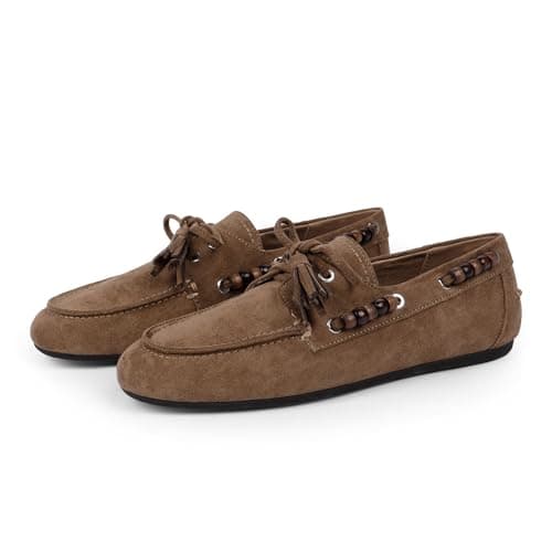 QIY Tan Camel Suede Loafers for Women Fringe Beaded Moccasins Flats Dressy Lace up Driving Loafers Comfortable Lightweight Office Casual Wear Flats Size 7 - Image 1