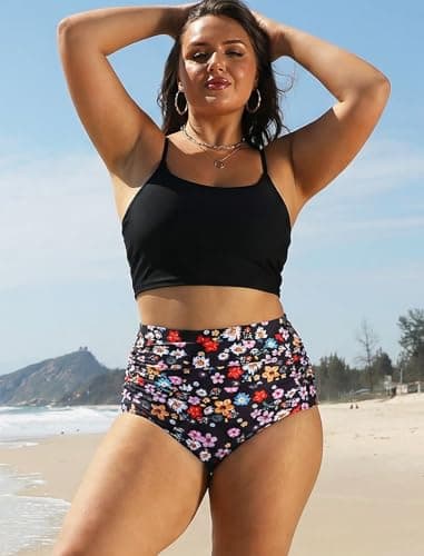 Arolina Women's High Waisted High Waisted Full Coverage Bathing Suit Bottoms Black Floral Tummy Control Ruched Swim Shorts Bikini Briefs - Thumbnail 4