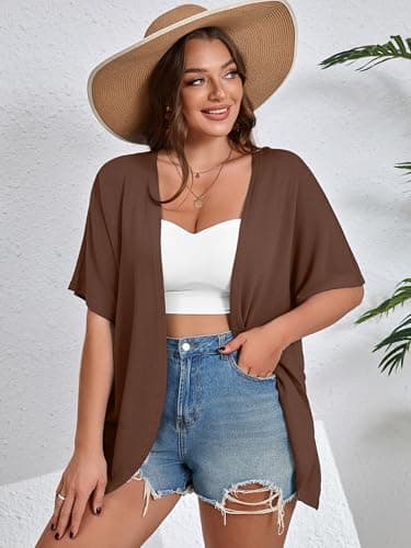 AusLook Women's Plus Size Short Sleeve Lightweight Open Front Cardigan Coffee 2X Cover Ups Shrugs Shawls and Wraps Kimono Jacket Coat - Thumbnail 4