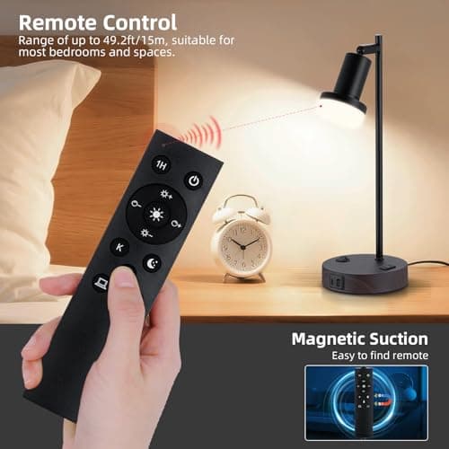 Lsctiff Industrial Table Lamp with Remote Control for Stepless Dimmer & Temperatures, Bedside Lamp with USB C+A Ports and AC Outlet, Flexible Head-Desk Lamp for Bedroom, Living Room, Office (Walnut) - Thumbnail 2