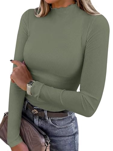 ANRABESS Women's Lettuce Trim Mock Neck Long Sleeve Tops 2026 Casual Dressy Ribbed Knit Slim Fit Tee Shirt Fall Layer Outfits Sage Green X-Small - Image 1