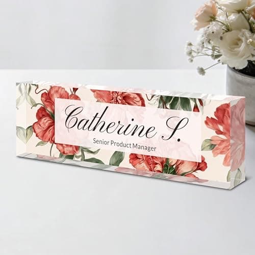 Personalized Desk Name Plate with Floral Art, Custom Acrylic Nameplate for Office Decor, Unique Employee Appreciation Gift, Professional Name Sign for Boss, Teacher, Nurse & Coworker.