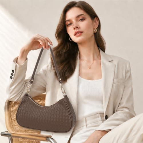 U+U Woven Leather Shoulder Bag for Women, Small Hobo Handbags Retro Purse - Thumbnail 3