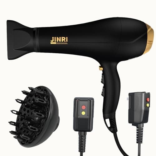 Hair Dryer - JINRI 2000W Diffuser Blow Dryer for Salon & Personal Use – Powerful, Fast Drying with Diffuser & Nozzle for Women & Men, ALCI Safety Plug, Black - Image 1