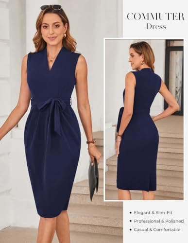 GRACE KARIN Work Dresses for Women V Neck Sleeveless Elegant Dresses Bodycon Dresses Party Dress Casual Midi Dress Navy XXL - Thumbnail 4