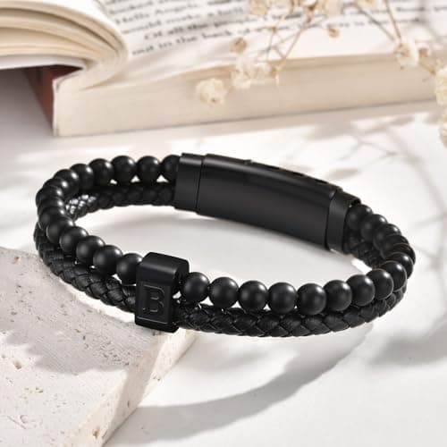 Initial Bracelet for Men Letter Handmade Natural Agate Stone Beaded Braided Black Leather Adjustable Cuff Meaningful Bracelets , Jewelry Gifts, Father's Day Gifts Matching Couple, 7.5-8.3 Inches - Thumbnail 4