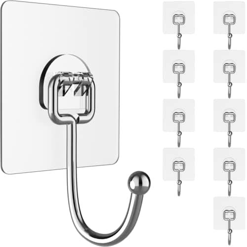 Large Hooks for Hanging Heavy-Duty 44Ib(Max) 10 Packs, Wall Hangers without Nails Self-Adhesive Traceless Clear and Removable, Waterproof and Rustproof Multiple Uses for Bathroom Kitchen Home - Image 1