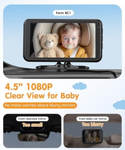 Babyvue BC1 Baby Car Camera, 4.5" 1080P HD Screen & 3X Zoom, AUTO IR Night Vision Car Baby Monitor with Adjustable Brightness, 2-Min Easy Install Car Seat Camera for Babies & Pets to Drive Safely - Thumbnail 2