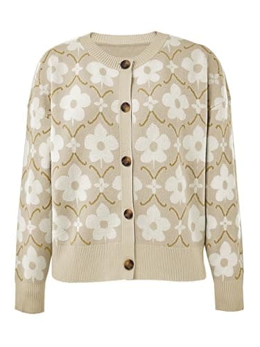 Saodimallsu Womens Floral Cardigan Sweaters Classic Beige Flower Pattern Long Sleeve Open Front Button Up Sweater 2025 - Thumbnail 5