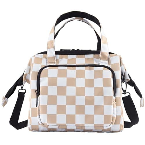 U+U Reusable Lunch Bag for Women Men Leakproof Lunch Tote Bag with Adjustable Strap, Holds Lunch Box, Snacks, Fruits for Work, Picnic or Travel - Insulated, Large Capacity, Waterproof(Khaki Checkered) - Image 1