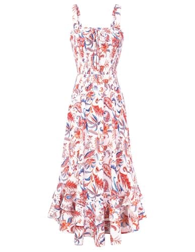GRACE KARIN Women's 2026 Summer Floral Boho Dress Square Neck Strapped Swing A Line Sundress Beach Long Maxi Outfits Orange Blue XL - Image 1