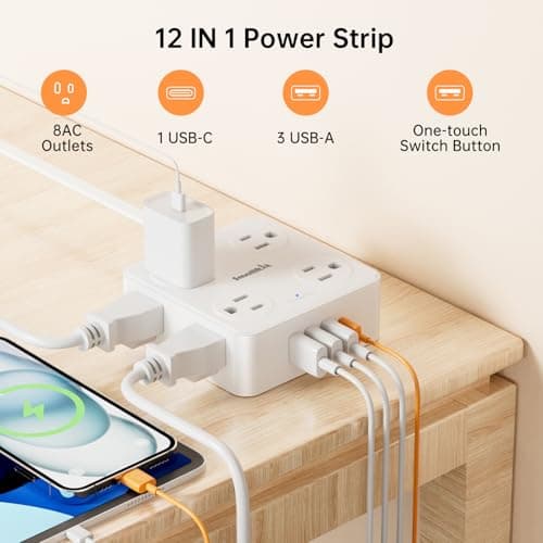 6.5Ft Power Strip with Surge Protector, 8 Outlets 4 USB Ports Extension Cord, Flat Plug Charging Station for Home Office Desk & College Dorm Essentials, White - Thumbnail 2