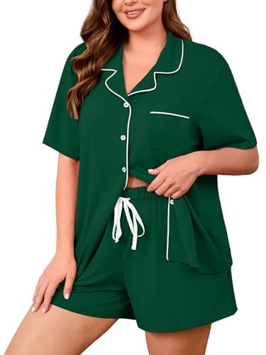 AusLook Plus Size Green Pajama Set for Women Short Sleeve Button Down Sleepwear 2 Piece Loungewear with Pockets Notch Collar Drawstring Pajama Shorts Soft Comfy PJ 1X Set - Image 1