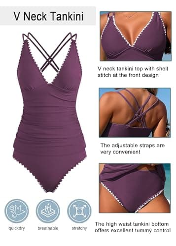 Jillumi Womens Tankini Bathing Suits High Waisted Bathing Suit Shell Stitch Push Up Two Piece Swimsuits Bathing Suits with Shorts (Deep Purple L) - Thumbnail 4