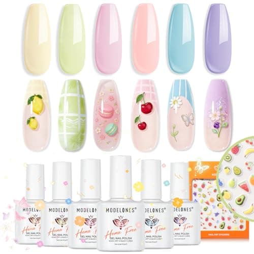 modelones Pastel Gel Nail Polish Set, Hema Free Macaron Gel Polish Set Light Pink Pastel Yellow Purple Baby Blue Green 6 Colors 2026 Spring Easter Summer Nails with Fruit Theme Stickers LED Mani Gift - Image 1