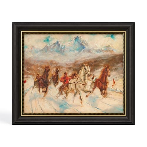 DAJONART Vintage Gold Framed Canvas Winter Wall Art, Horse Sleigh in Snowy Landscape Art Printed Oil Painting, Framed Canvas Christmas Decor, Rustic Holiday Gift for Home, 8 x10 - Image 1
