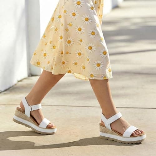 Athlefit Espadrille Wedge Sandals for Women, Open Toe Ankle Strap Low Wedge Heel Platform Sandals for Summer, White Size 9, SAPS2617W - Thumbnail 3