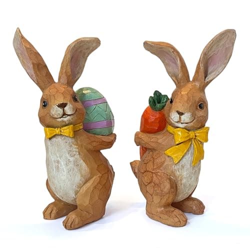 LIFFY Easter Bunnies Statue Home Decor - Charming Hand Painted Resin Rabbit Figurines with Flower, Pretty Spring Home Decor & Gift (Brown) - Image 1