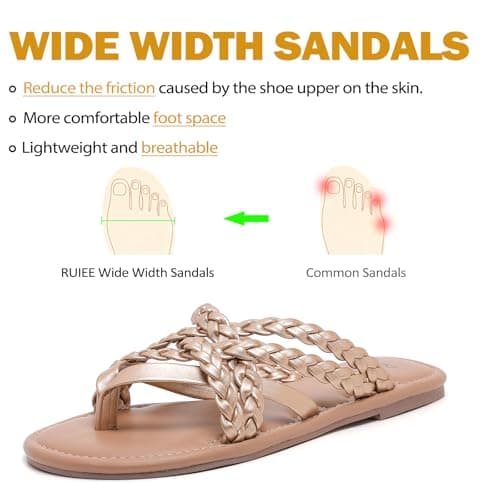 Ruiee Wide Width Sandals for Women, Summer Flip Flops Wide Feet Flat Slides Casual Braided Comfort Slip on Breathable Cute Sandal. 258009 Gold Size11 - Thumbnail 4