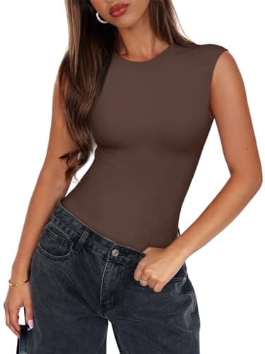 PINKMSTYLE Womens Summer Sleeveless Bodysuit Double Lined Crew Neck Stretchy Basic T Shirt Bodysuit Tank Tops Dark Brown Small - Thumbnail 2