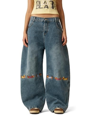 Aelfric Eden Dachshund Embroidery Baggy Barrel Jeans Wide Leg Y2K Denim Pants Straight Loose Jeans Streetwear Unisex Blue 34 - Thumbnail 3