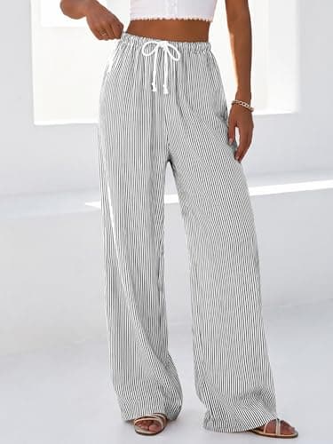 BTFBM Striped Wide Leg Pants for Women Spring Summer 2026 Drawstring Lounge PJ Beach Bottoms Casual Trousers Pockets(Black, Large) - Thumbnail 5