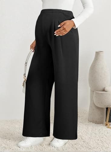 BLENCOT Women Maternity Pants Work Casual Over Belly Stretchy Wide Leg Trousers Activewear High Waist Baggy Pregnancy Pant Office Clothes Comfy Joggers with Pockets Small Black - Thumbnail 5
