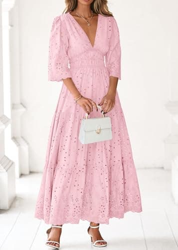 Lazysmile Long Sleeve Dresses for Women V Neck Hollow Out Eyelet Ruffle Swing A-Line Fall Vacation Boho Maxi Dress Pink - Thumbnail 3