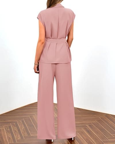PRETTYGARDEN Women's Two Piece Outfits 2025 Formal Blazer Sets Belted Long Blazer Vest Loose Palazzo Pant with Pockets(Solid Light Pink,Small) - Thumbnail 5