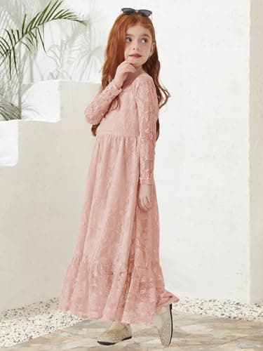 ALLOVIN Toddler & Girls Long Sleeve Lace Flower Girl Dress Maxi Boho A-Line Dress for Wedding Baptism 1st Communion | Dusty Pink | 4-5Y - Thumbnail 5