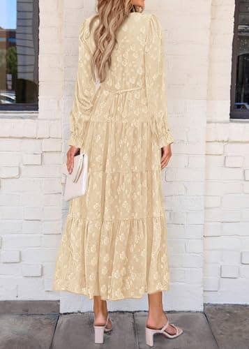 KIRUNDO Spring Wedding Guest Dresses for Women 2026 Maxi Floral Long Sleeve Elegant Ruffle Tiered Flowy Party Long Dress(Beige, Small) - Thumbnail 2