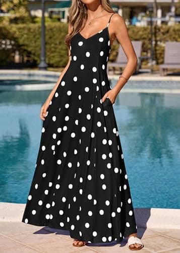 KIRUNDO Polka Dot Dress for Women Summer 2026 Sleeveless Spaghetti Strap Beach Vacation Cruise Boho Long Flowy Maxi Dresses(Black, XX-Large) - Thumbnail 3