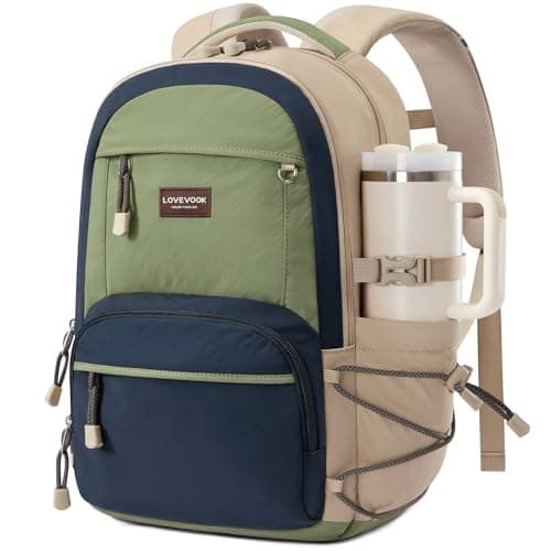 LOVEVOOK School Backpack for Girls, 15.6 Inch laptop Backpacks with Large Capacity Tumbler Holder, Lightweight College bag for women, Cute Travel Teen Bookbag Purse for Students,Khaki-blue-green