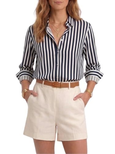 Women’s Long Sleeve Button Down Shirt, Classic Striped Blouse with Pearl Buttons, Casual & Dressy Tops for Women, Comfortable Polyester Blouse for Work & Everyday Wear (Navy)-XL - Image 1