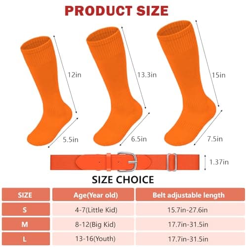 HONGTEYA Youth Baseball Socks and Belt Combo Set,Youth Softball Socks and Adjustable Baseball Belt for Boys Girls (Orange-03, 13-16 Years) - Thumbnail 6