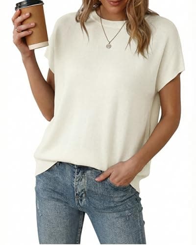 Arach&Cloz Womens 2026 Spring Summer Short Sleeve Sweater Lightweight Cashmere Blend White Blouse Crew Neck Oversized Work Top Capsule Wardrobe Dressy Casual Plus Size Teacher OutfitsTrendy S - Image 1