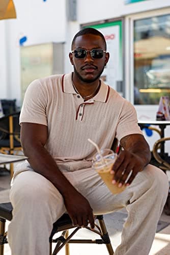 PJ PAUL JONES Men's Knitted Polo Shirts Casual Lapel Collared Button Up Golf Polo Tee Shirts Clothes for Men Summer Beige M - Thumbnail 2