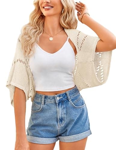 BB&KK Crochet Cardigan for Women Summer Bolero Shrug Lightweight Open Front Hollow-Out Batwing Sleeve Cropped Cardigan Beige - Image 1
